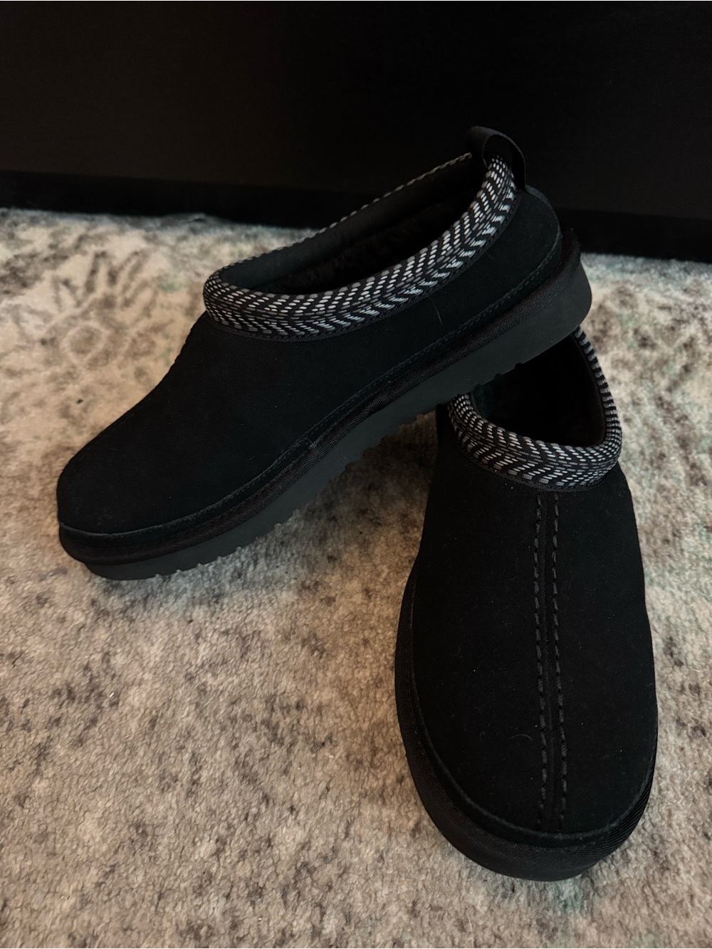 Koolaburra Black Suede Slip-On Ankle Booties with Patterned Collar